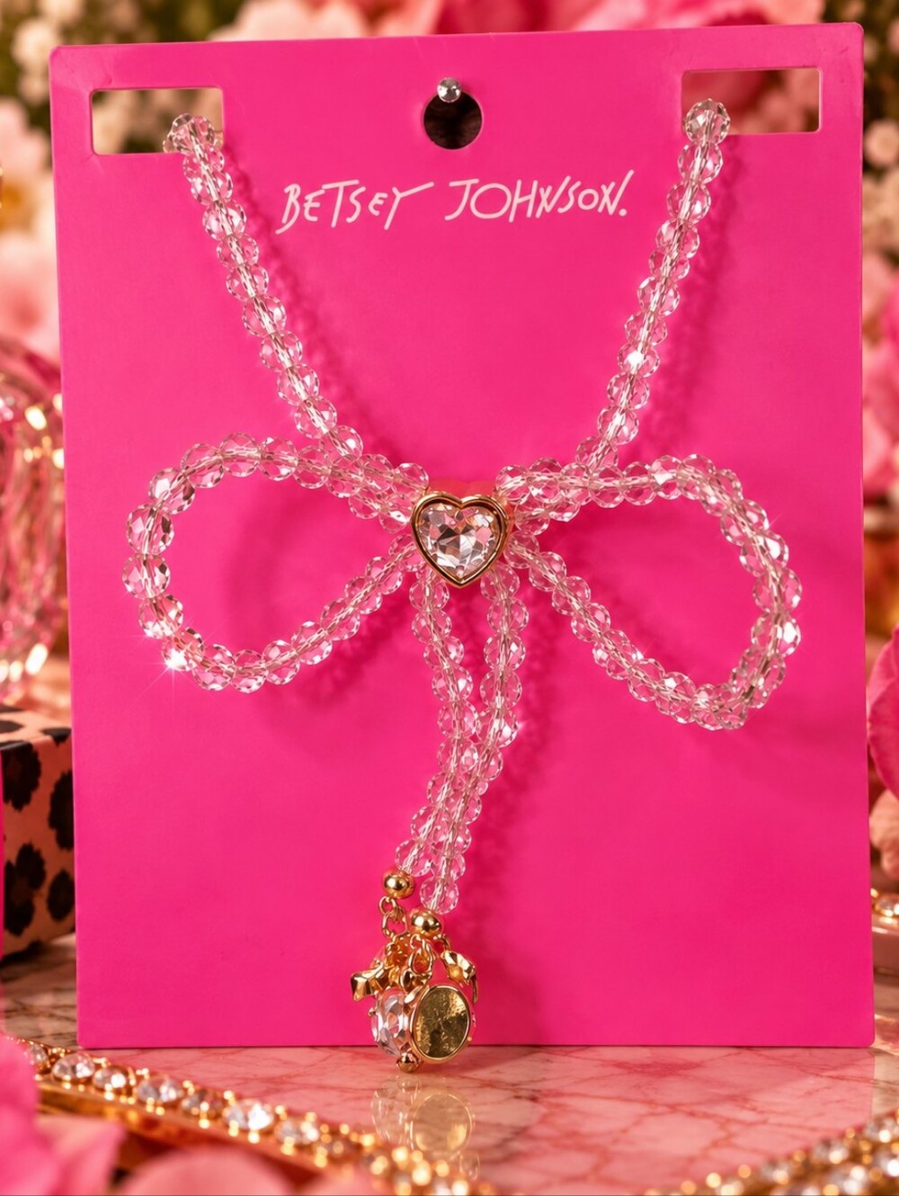 Betsey Johnson Pink Crystal Beaded Bow Necklace Gold Rose Charm, NWT